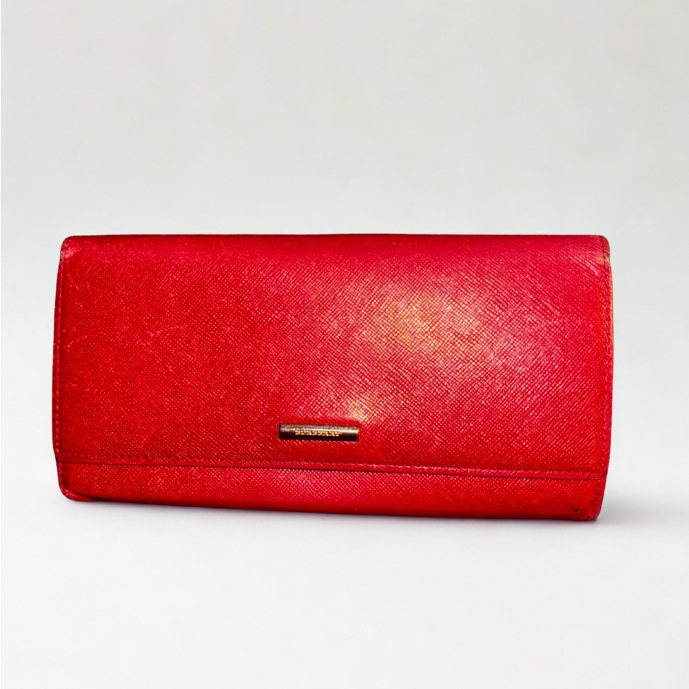 Burberry Red Saffiano Leather Long Wallet with Nova Check Interior